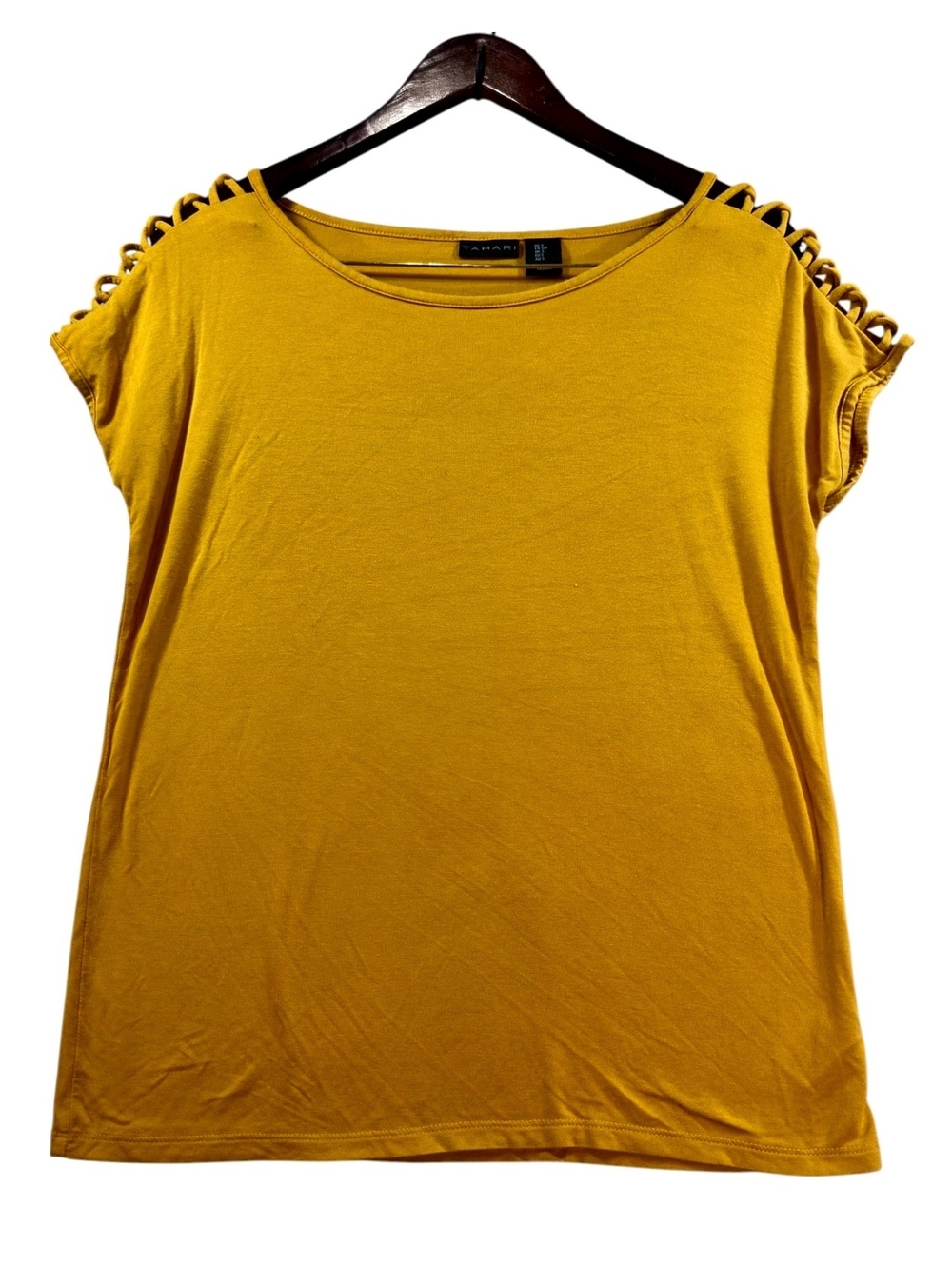 Tahari Mustard Yellow Cutout Shoulder Top Size S